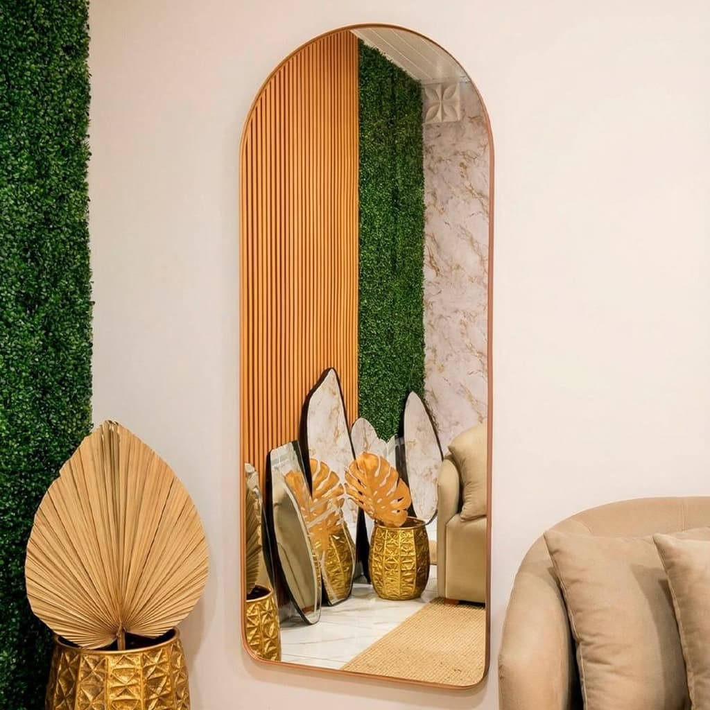Espelho Oval Base Reta Corpo inteiro Moldura de Couro Madri Quarto Sala Salão Loja