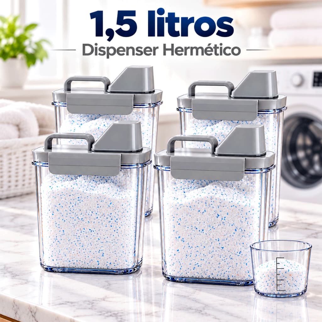 Kit Dispenser 1,5 Litros Hermético Organizador Armário Lavanderia Sabão Armário Cinza