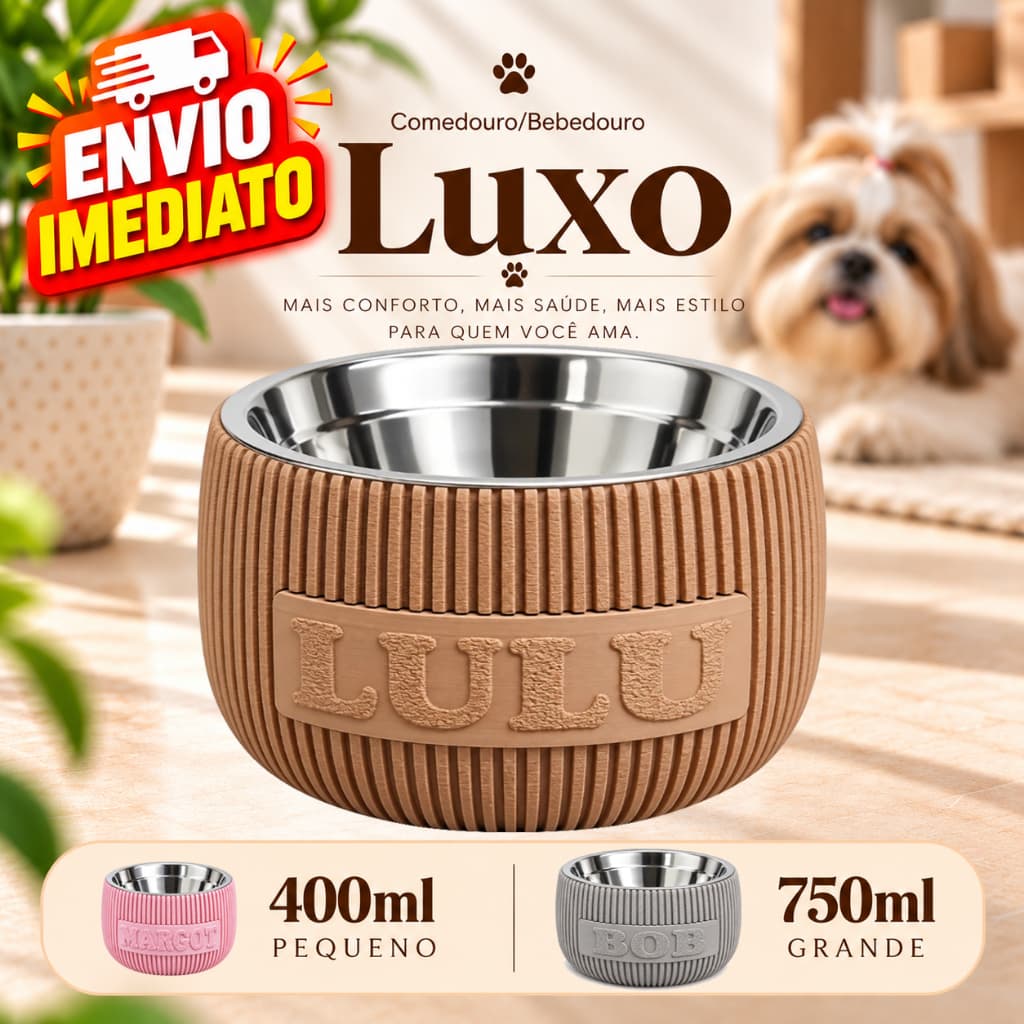 Comedouro Pet Elevado com nome Personalizado Inox Cachorro Gato Bebedouro Tigela Ração Água Antivômito Premium