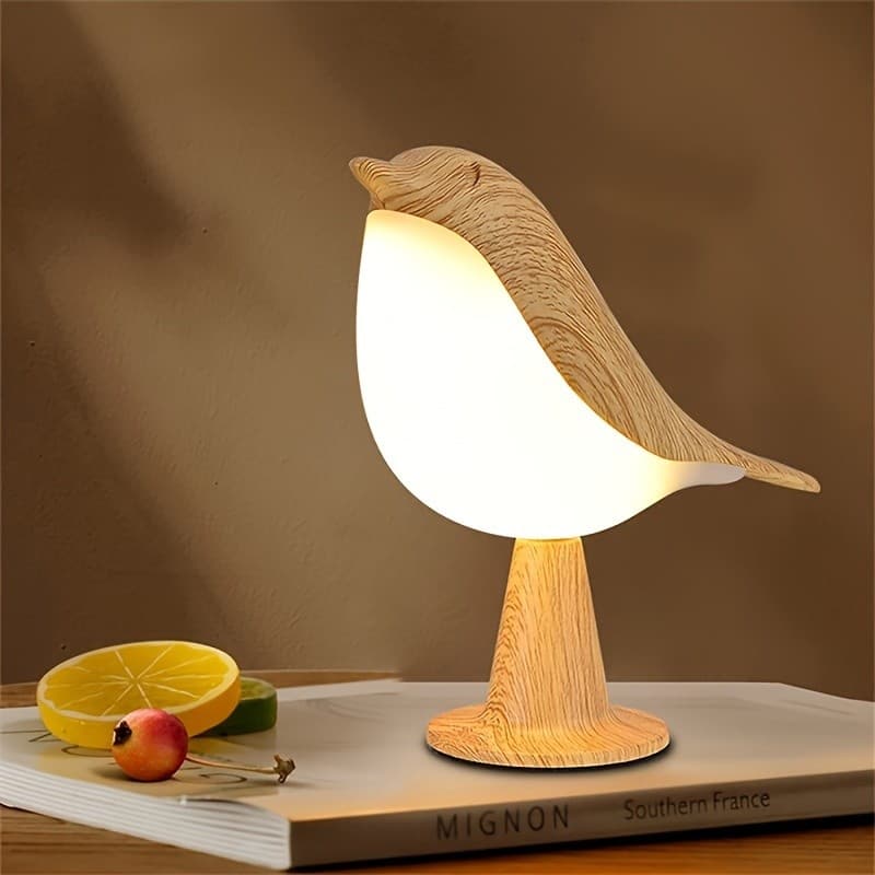 Abajur Pássaro Touch Dimerizável | Luminaria de Mesa Madeira Recarregável USB | Decoração Quarto