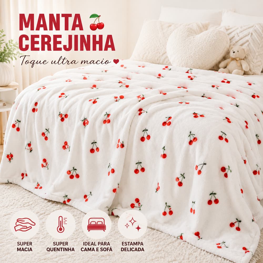 Manta Cereja Casal e Queen Soft Premium Cobertor Quentinho