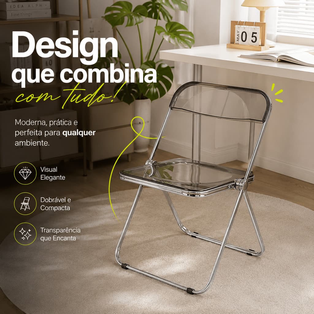 Cadeira/mesa dobrável simples em acrílico transparente, ideal para tirar fotos em lojas de roupas.