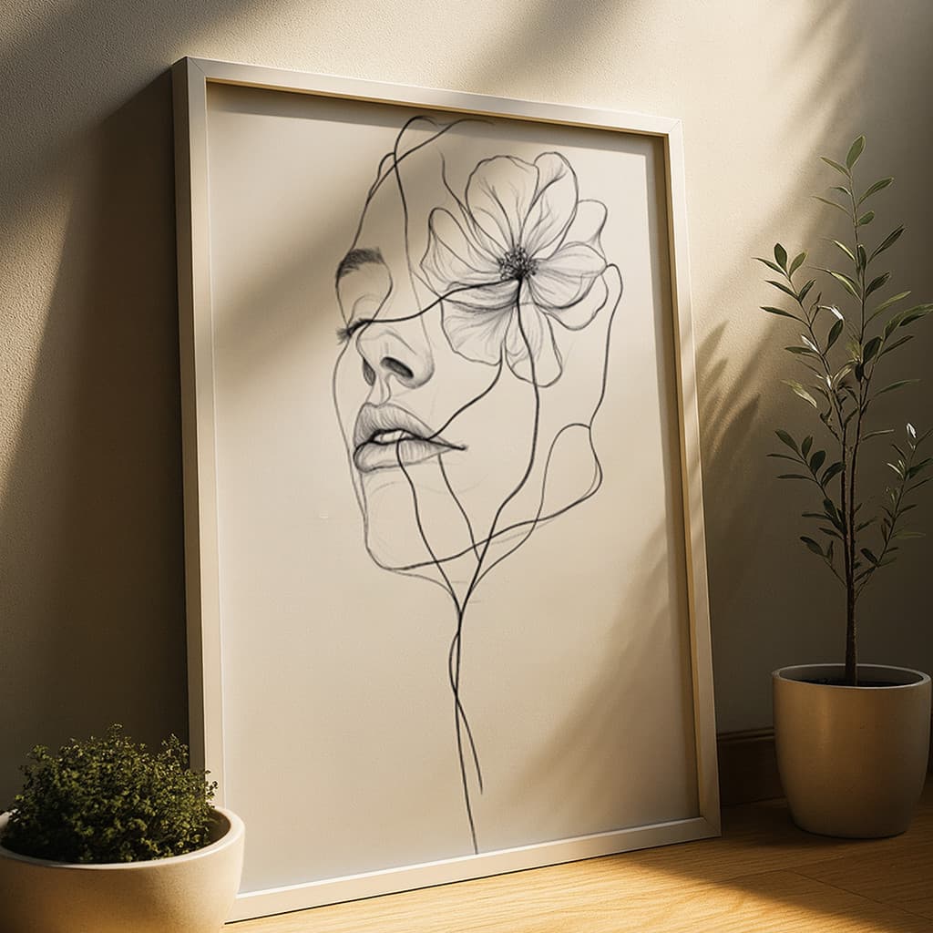 Quadro Rosto Feminino Linha Contínua Flor Minimalista Arte Moderna Desenho Preto Branco Parede