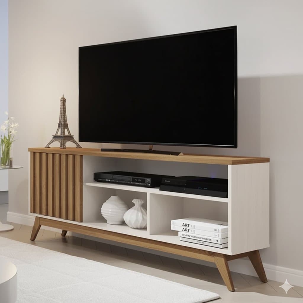 Rack Ripado Retrô para TV até 55 Polegadas 136cm Pés em Madeira Maciça Malbec Wood Bege Off White/Freijó