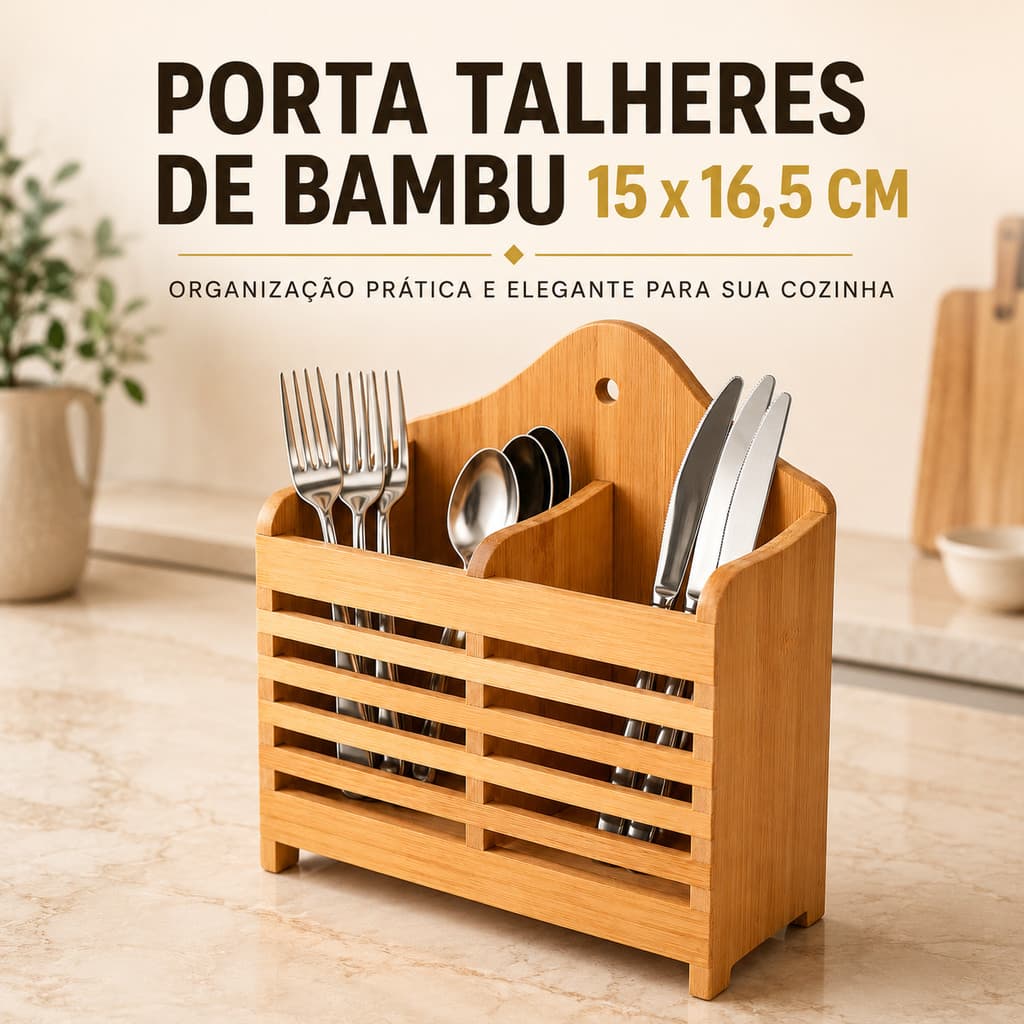 Porta Talheres de Bambu Organizador de Cozinha com Divisória 15x16,5 cm Resistente e Sustentável