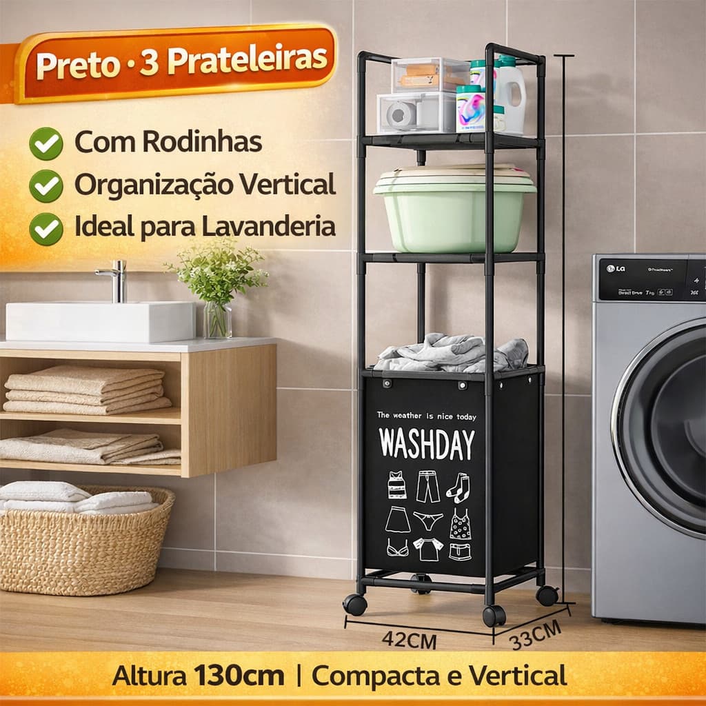 Carrinho Organizador com Cesto de Roupa Suja e Rodas – Estante Multifuncional para Lavanderia (1 a 3 Andares)