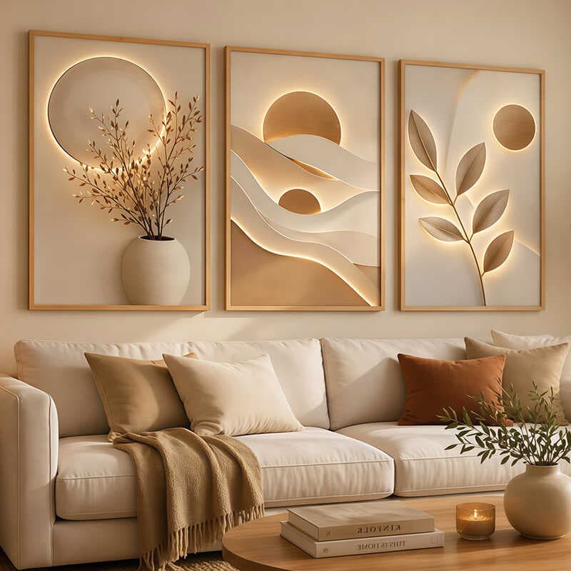 Kit 3 Quadros Arte Floral 3D Dourado Premium Decoração Sala De Estar Moderna Elegante Luxo