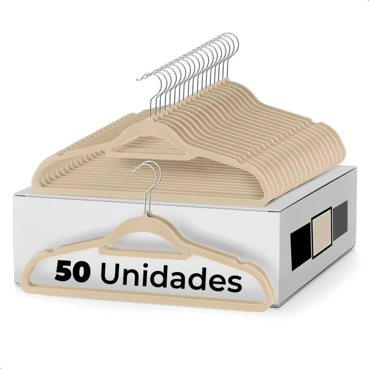 Kit 50 Cabide Adulto Veludo Bege Gancho Antideslizante 45cm