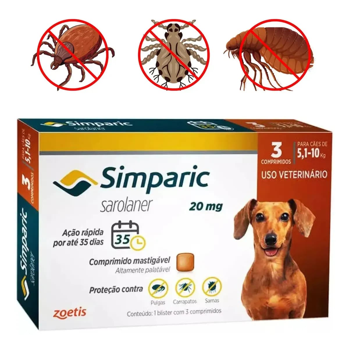 Simparic 20mg Antipulgas Cães 5 a 10kg 3 Comprimidos Zoetis