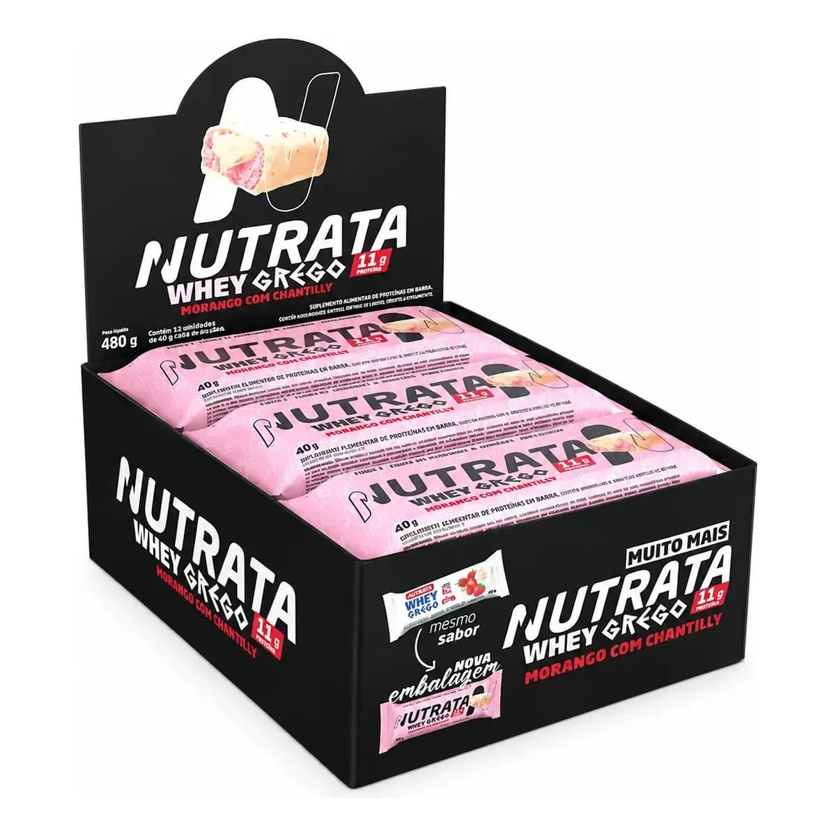 Barra de proteínas Nutrata WHEY Grego 40G sabor Morango com chantilly x 480g 12 un
