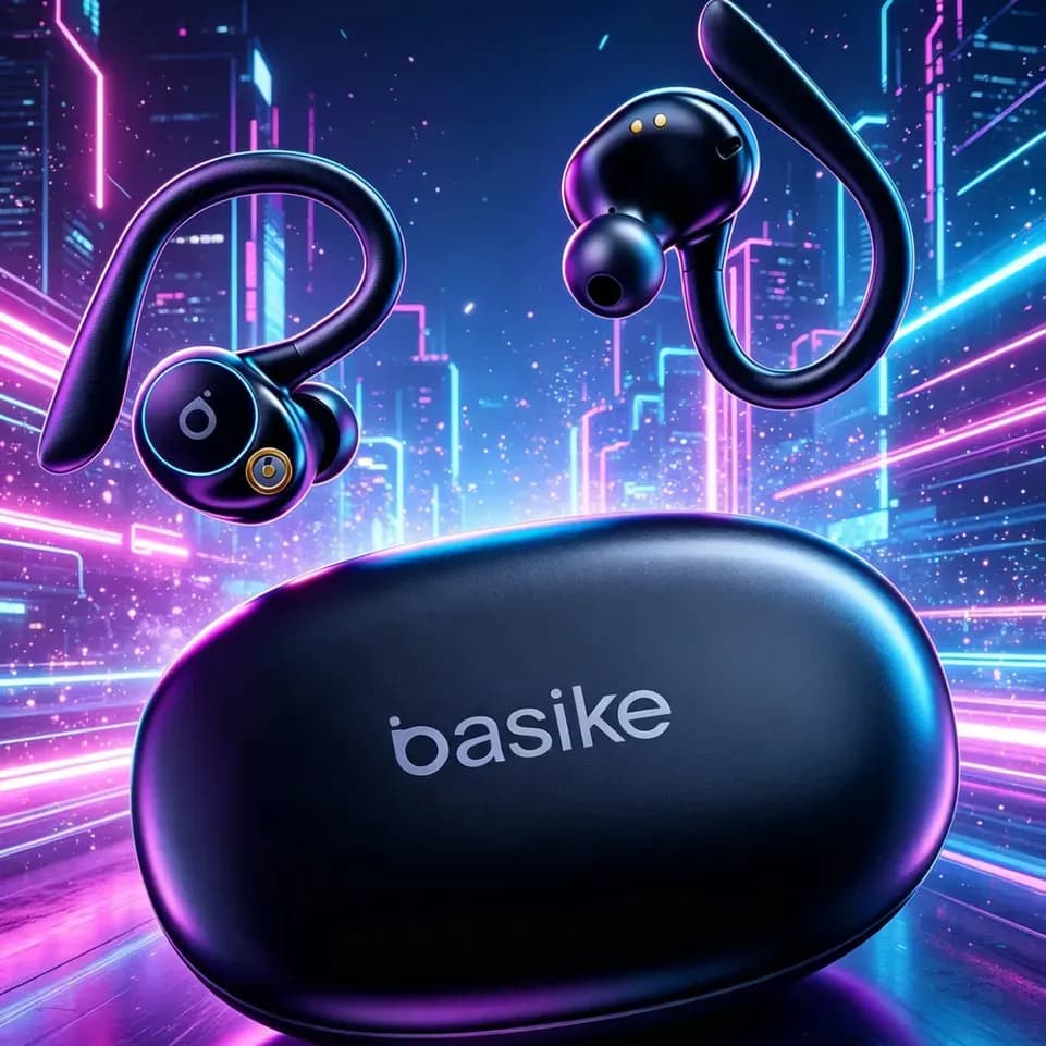Fone de Ouvido Bluetooth 5.4 TWS com Ear Clip e Gancho, Som HiFi Graves Potentes e 3D, 50h Bateria e Carga Rápida, ENC Cancelamento de Ruído, IPX6 à Prova d'Água – Ideal para Academia e Corrida Basike