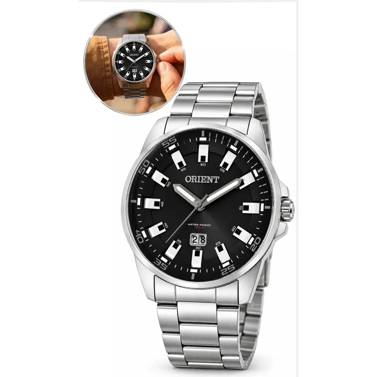 Relógio Masculino Orient Prateado Quartzo Analógico Fundo Preto Prova D'água 100M