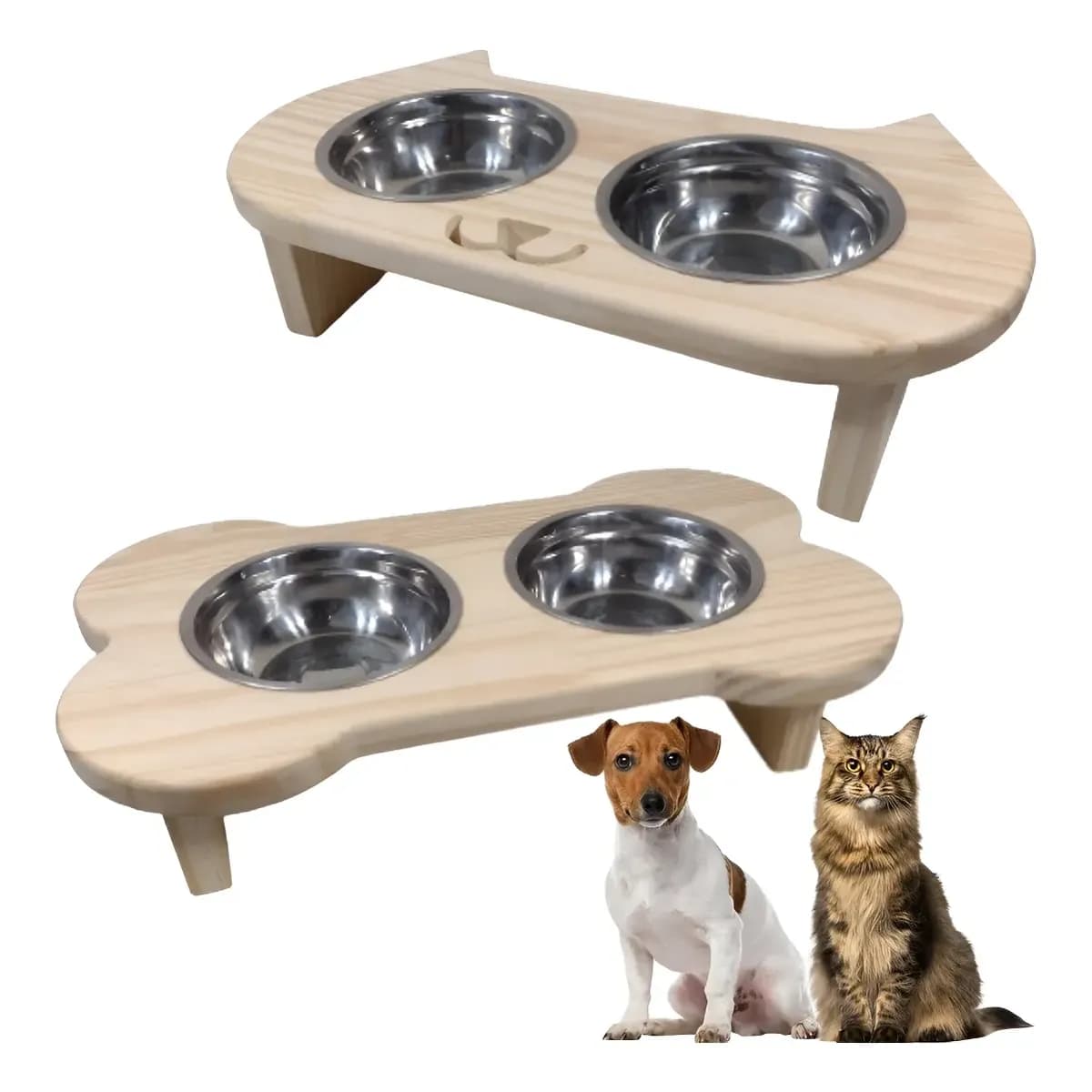 Comedouro Pet Bebedouro Cachorro Gato Elevado 2 Potes Tam P Madeira Pinus Gato